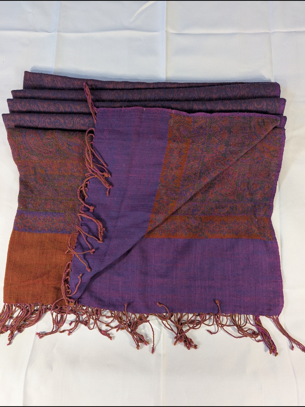 Sacred Threads 100% Pure Wool Paisley Shawl Wrap -- Purple/Burgundy/Rust Ombre